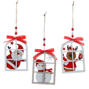 Three-piece wooden Christmas window ornaments featuring Santa Claus, snowman and reindeer