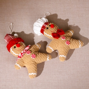 Christmas gingerbread man plush ornaments set in corduroy fabric for holiday tree decoration