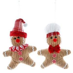 Plush gingerbread man Christmas ornaments set featuring corduroy texture and holiday hats