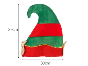 Dimensions du chapeau de lutin de Noël rayé indiquant 39 cm de haut et 30 cm de large