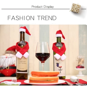 Christmas wine bottle cover set with mini plush red hat and scarf for festive table decor