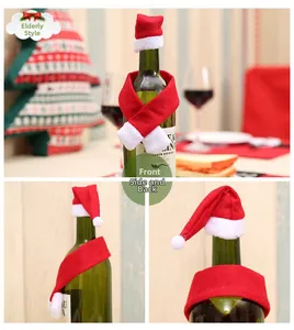 Detailed views of red Christmas wine bottle set featuring a mini Santa hat and scarf