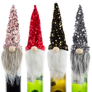 4er-Set Weihnachts-Zwerg Weinflaschenhüllen mit Pailletten und langem Kunstfell Bart Deko