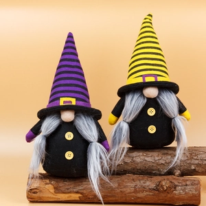 Pair of Halloween faceless gnomes with striped hats and beards on wooden stands