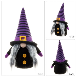 Front, side, and back views of a purple and black Halloween faceless gnome plush doll
