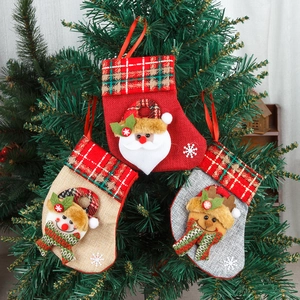 Christmas Stockings Decoration Santa Snowman Reindeer Plaid Linen Xmas Tree Hanging Ornament For Holiday Home Party Decor