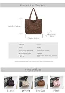 Detailed sizing chart and color guide for a large strawberry print corduroy tote bag