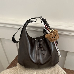 Retro large capacity dark brown crossbody dumpling bag with cute bear pendant