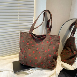 Large brown corduroy strawberry print tote bag with shoulder straps for women