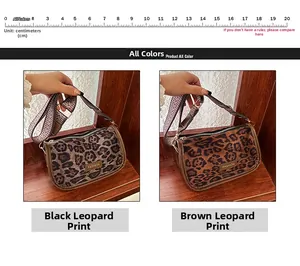 Detail view of leopard print shoulder bags in black and brown with wide woven straps