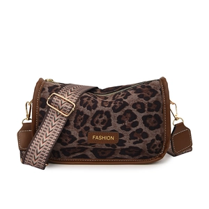 Leopard print crossbody bag with wide jacquard shoulder strap and leather trim detailing