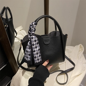 Women Minimalist PU Leather Litchi Grain Bucket Bag With Silk Scarf Decor Handbag Commute Shoulder Crossbody Bag