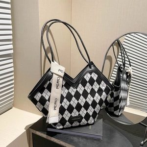 Fashion Checkered Argyle Tote Bag For Women PU Leather Tweed Large Capacity V-Neck Shoulder Bag Underarm Commute Handbag