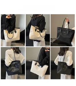 Collage of model wearing a large black and beige oxford fabric tote bag in various angles