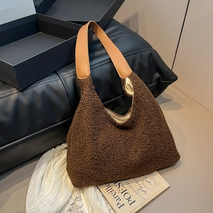 Women Fashion Teddy Fleece Tote Bag Large Capacity Korean Solid Color Lamb Wool Shoulder Bag Soft Winter Hobo Bag For Daily