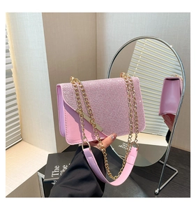 Close-up of pink shoulder bag featuring sequin fabric, leather trim and gold chain strap