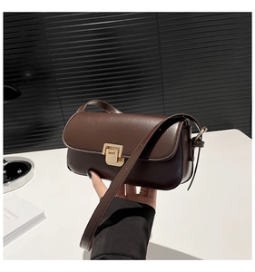 Close-up of brown leather rectangular crossbody bag with elegant gold push-lock closure
