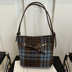 Women Retro Plaid Woolen Bucket Bag With Leather Strap Gold Hardware Checkered Shoulder Crossbody Handbag For Daily
