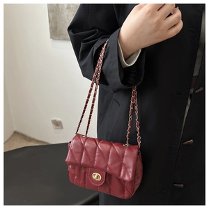 Close-up of deep red quilted leather bag with gold twist lock and chain strap