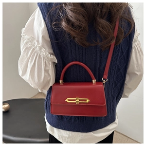 Red structured small square crossbody bag with gold metallic lock on navy vest