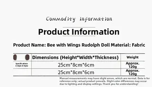 Size chart for Bumble Bee Gnome plush showing 25x8x6cm dimensions and fabric material