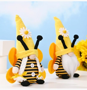 Detail of bee gnomes featuring braided pigtails, white beards, and yellow wings decor