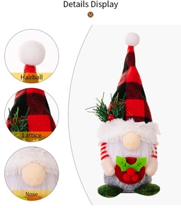 Detail view of Christmas gnome featuring plaid hat, soft fur beard, and round plush nose
