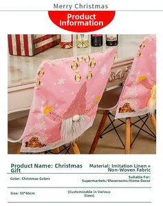 Detailed view of pink gnome Christmas chair cover made of faux linen and non-woven fabric