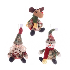 Juego de 3 adornos navideños de peluche a cuadros con reno, papá noel y muñeco de nieve