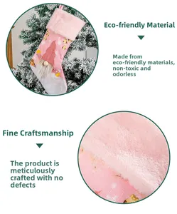 Close-up of pink Christmas stocking with plush cuff and festive gnome embroidery