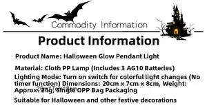 Detailed Halloween gnome pendant specifications with battery and glowing features info