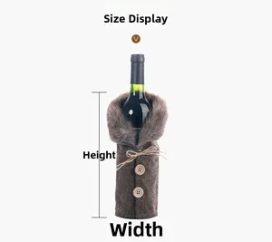 Detailed view of striped wine bottle cover dimensions with wood buttons and faux fur trim