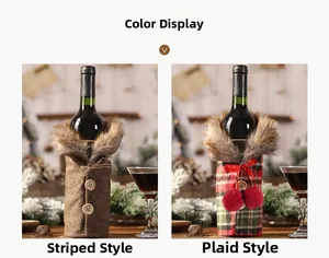 Detail of Christmas wine bottle covers in striped and plaid styles with fur collars