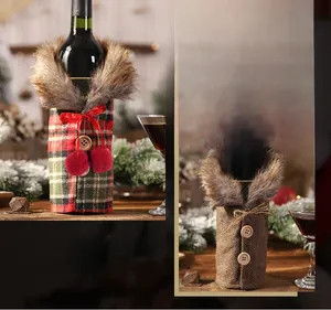 Detail of Christmas wine bottle covers featuring plaid patterns and faux fur collars