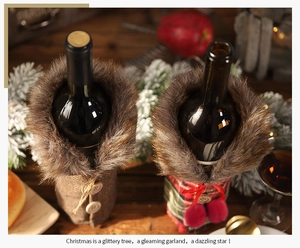 Close-up of Christmas wine bottle covers with faux fur collars and festive patterns