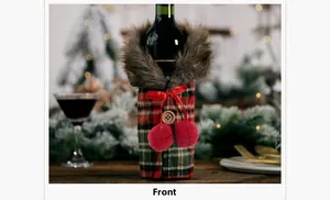 Front detail of red and green plaid Christmas wine bottle cover with faux fur collar and bow