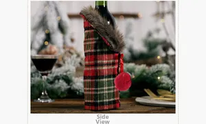Side view of red and green plaid Christmas wine bottle cover with faux fur collar detail