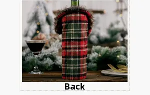 Back view of Christmas wine bottle cover with red and green plaid and grey faux fur