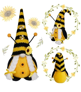 Dettaglio di gnomo ape con strisce gialle, trecce bianche e decorazioni di girasole