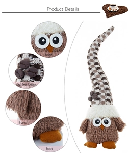 Detail view of plush owl coffee gnome showing plaid hat with coffee bean accents