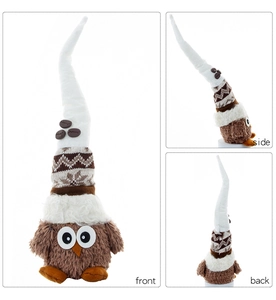 Detailed views showing front, side and back of a plush owl with a long patterned hat