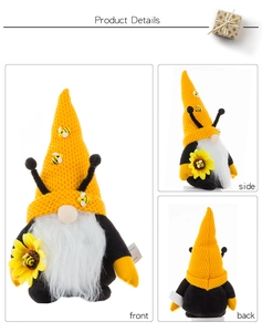 Three-sided view of gnome plush with yellow knit hat and sunflower for Bee Festival