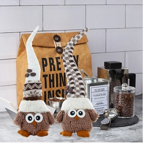 Detail of owl gnomes plush decor with coffee beans and plaid patterns set