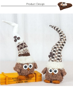 Close-up of owl coffee gnomes with plush textures and coffee bean hat decorations