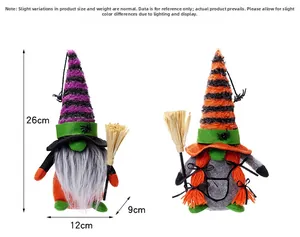 Detailed dimensions of Halloween gnome dolls with spider hat and broom 26x12x9cm