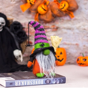 Macro detail of Halloween faceless gnome with purple striped hat and straw broom