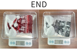 Macro view of Christmas knitted wine bottle hats weighing approximately 47g for decor