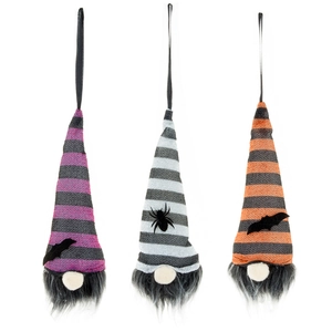 Three glowing Halloween gnomes with bat wings and spider hats on white background