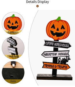 Detalle del cartel de madera de Halloween con calabaza y flechas de dirección terroríficas