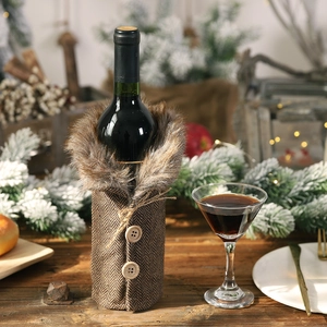Christmas wine bottle cover with brown herringbone fabric and faux fur collar decoration